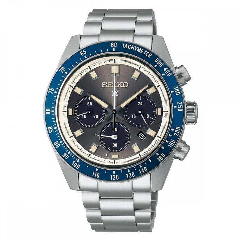 Seiko Gents Prospex Speedtimer Solar Grey Dial Chrono with Navy Bezel on Stainless Steel Bracelet