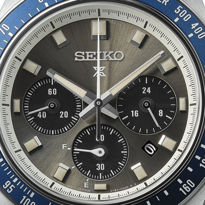 Seiko Gents Prospex Speedtimer Solar Grey Dial Chrono with Navy Bezel on Stainless Steel Bracelet