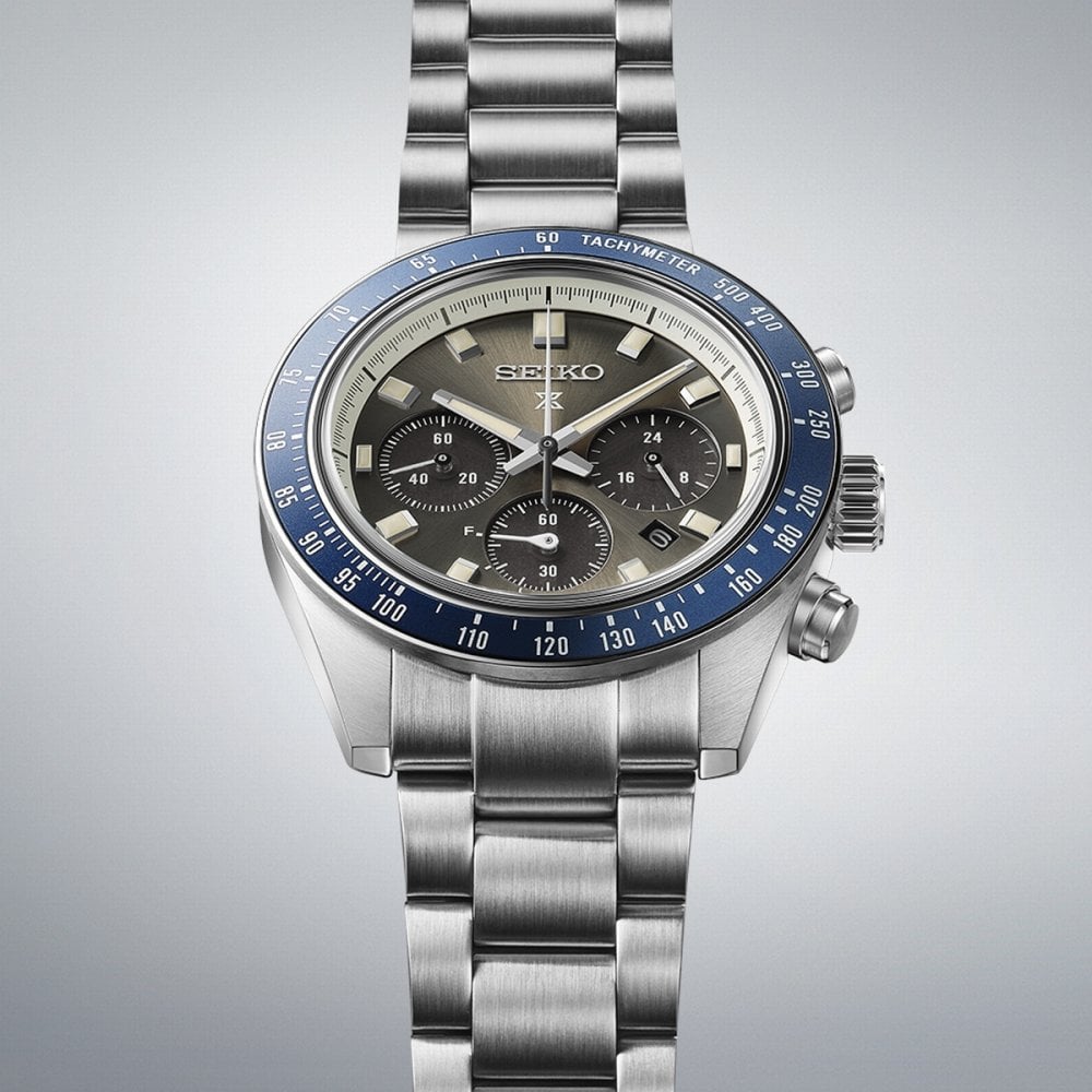 Seiko Gents Prospex Speedtimer Solar Grey Dial Chrono with Navy Bezel on Stainless Steel Bracelet