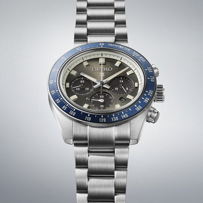 Seiko Gents Prospex Speedtimer Solar Grey Dial Chrono with Navy Bezel on Stainless Steel Bracelet