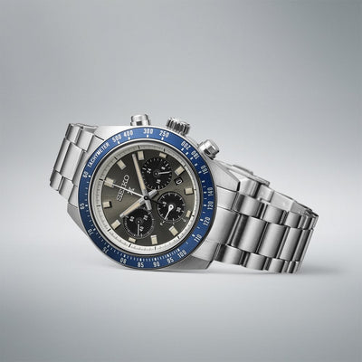 Seiko Gents Prospex Speedtimer Solar Grey Dial Chrono with Navy Bezel on Stainless Steel Bracelet