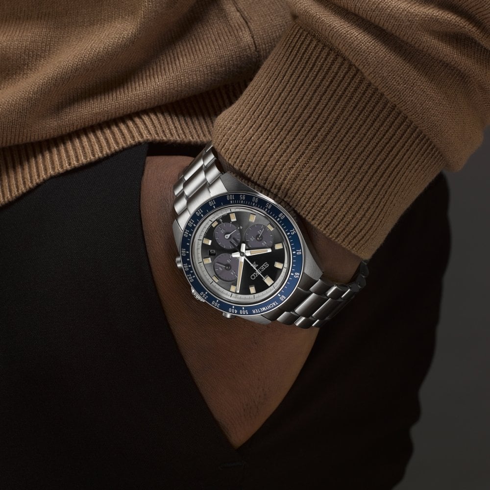 Seiko Gents Prospex Speedtimer Solar Grey Dial Chrono with Navy Bezel on Stainless Steel Bracelet