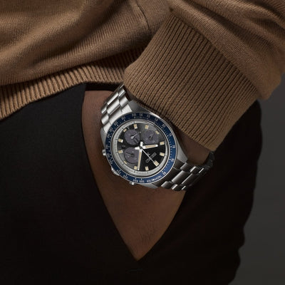 Seiko Gents Prospex Speedtimer Solar Grey Dial Chrono with Navy Bezel on Stainless Steel Bracelet