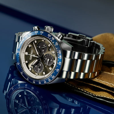 Seiko Gents Prospex Speedtimer Solar Grey Dial Chrono with Navy Bezel on Stainless Steel Bracelet