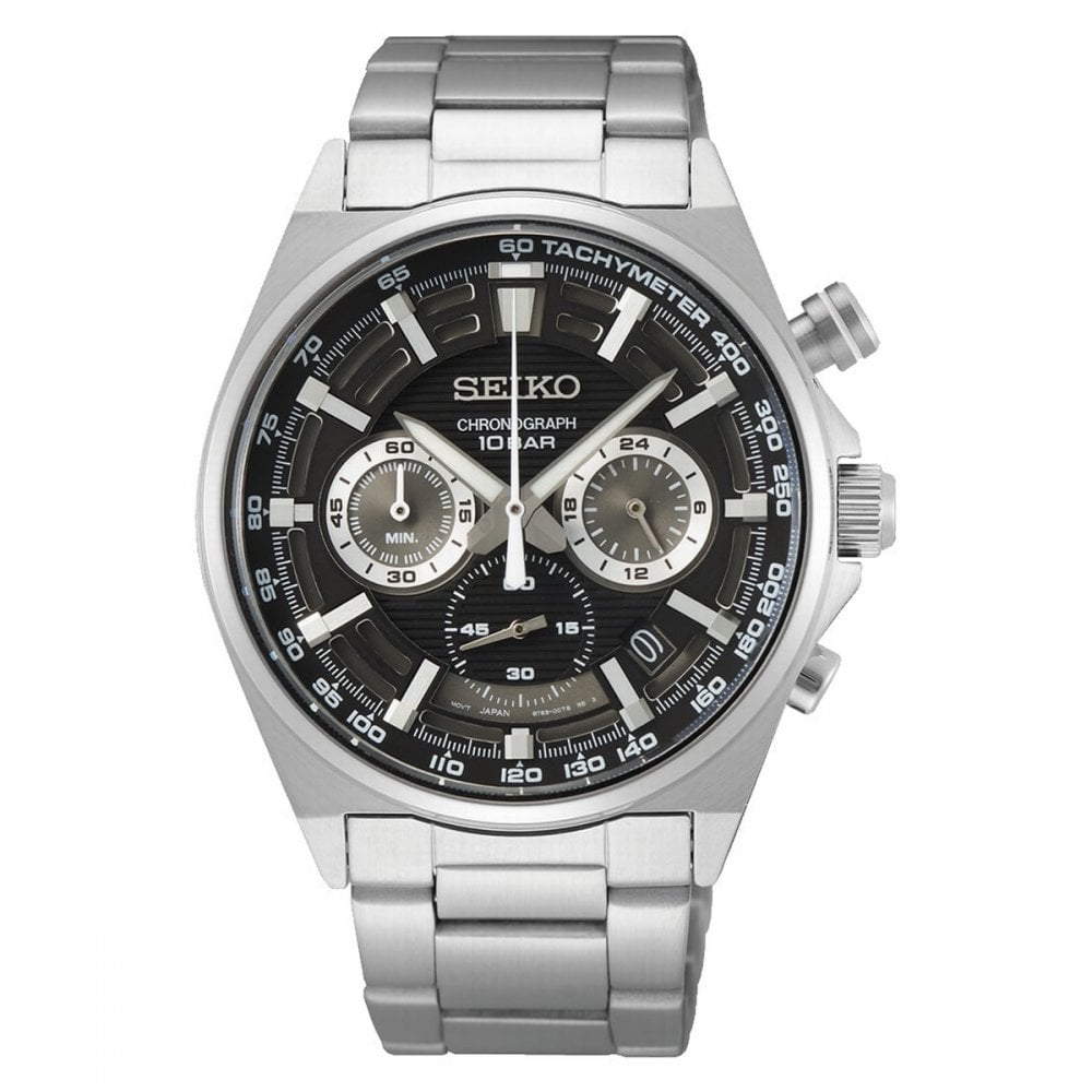 Seiko Gents Sport Chronograph Watch with Black Dial in Stainless Steel