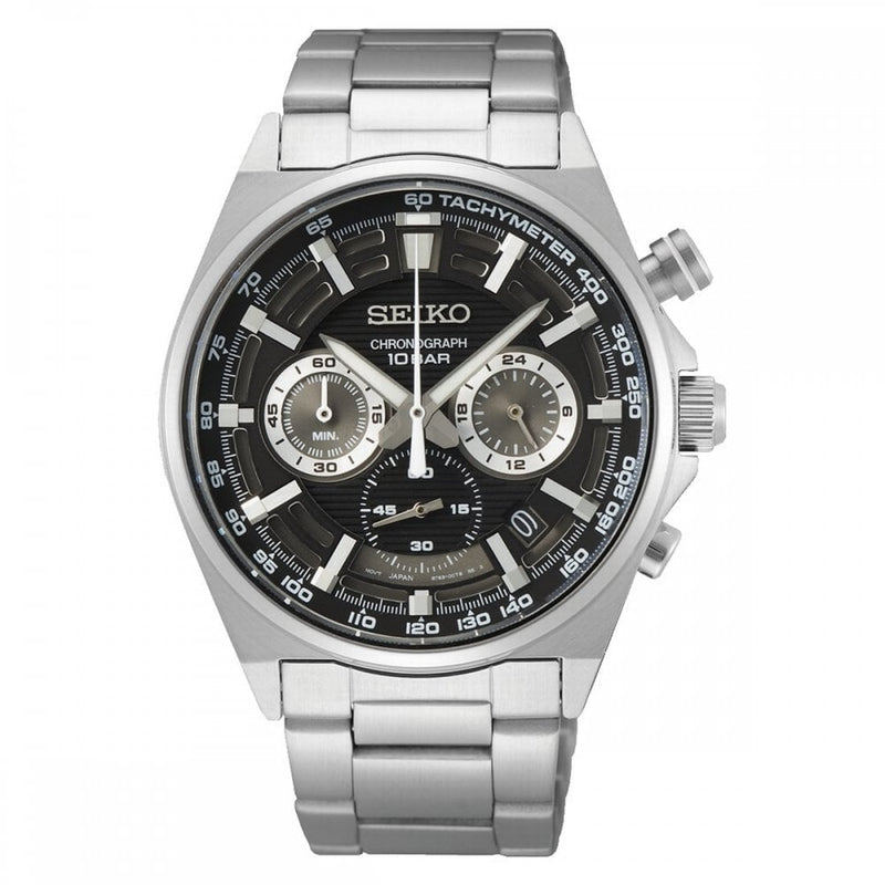 Seiko Gents Sport Chronograph Watch with Black Dial in Stainless Steel