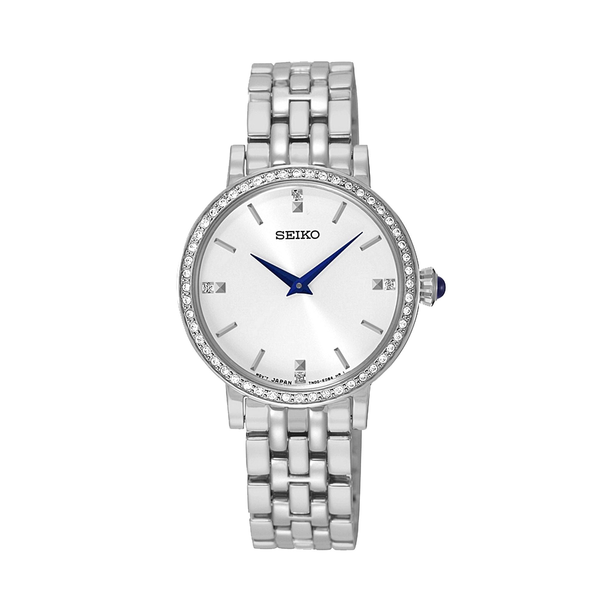 Seiko Ladies Swarovski Crystal Bezel White Dial With Blue Hour Hands & Crown Stainless Steel