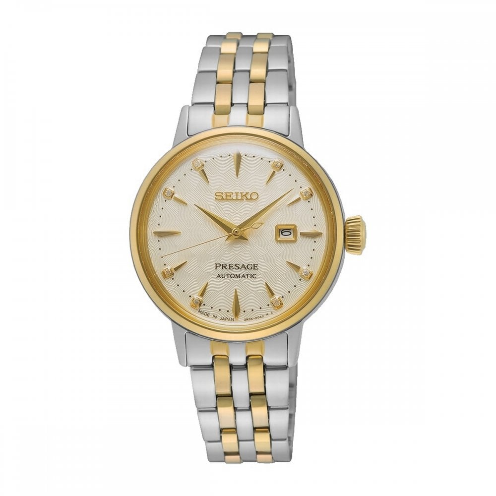 Seiko Ladies Two Tone Automatic Diamond Cream and Date Dial Presage on Stainless Steel Bracelet
