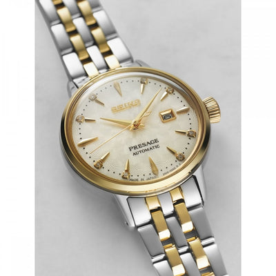 Seiko Ladies Two Tone Automatic Diamond Cream and Date Dial Presage on Stainless Steel Bracelet