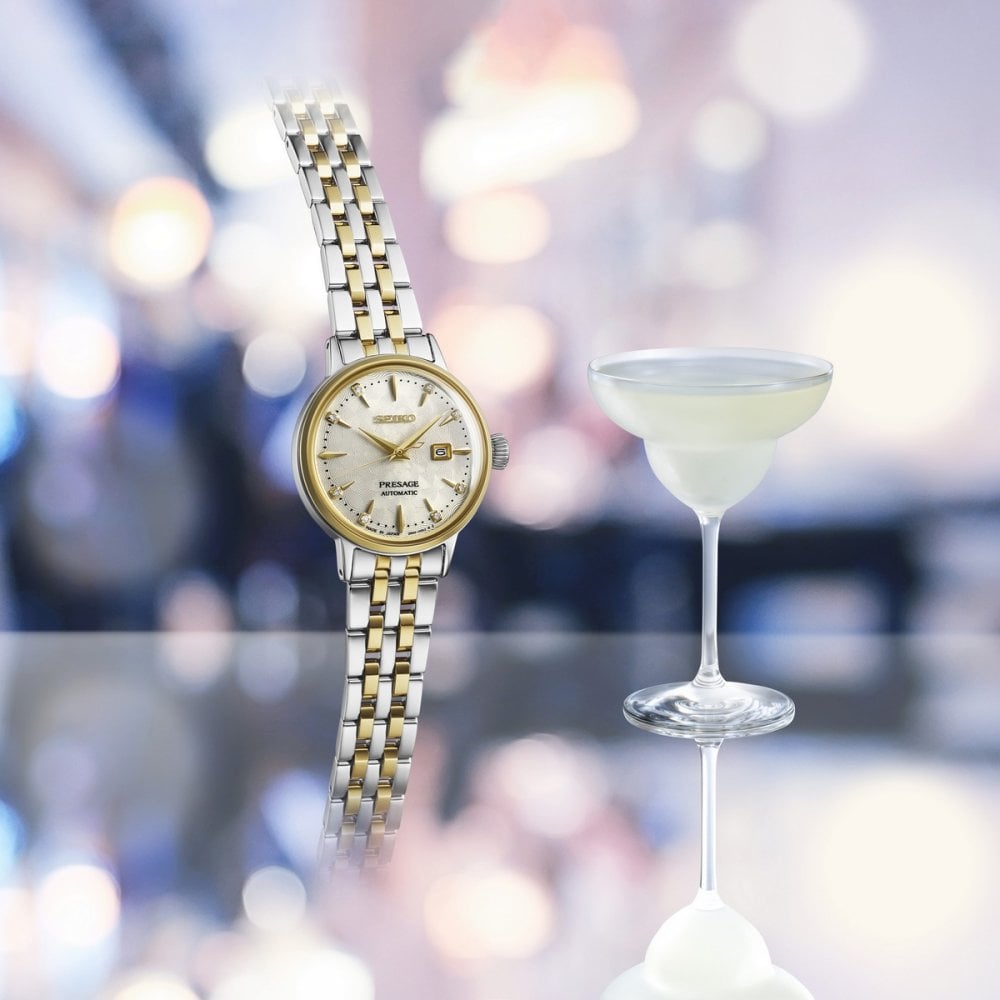 Seiko Ladies Two Tone Automatic Diamond Cream and Date Dial Presage on Stainless Steel Bracelet