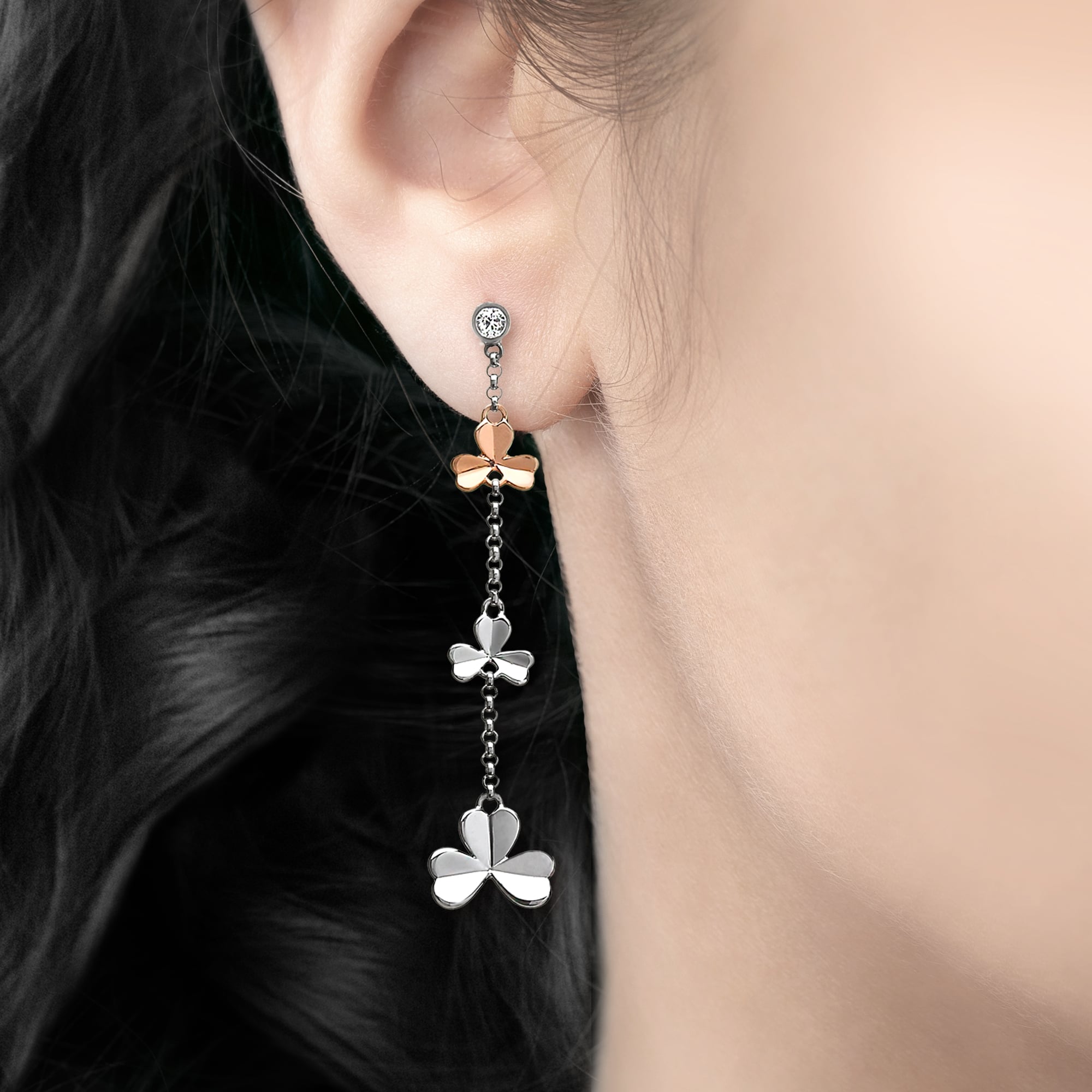 Shamrock & Cubic Zircona Irish Rose Gold Drop Earrings