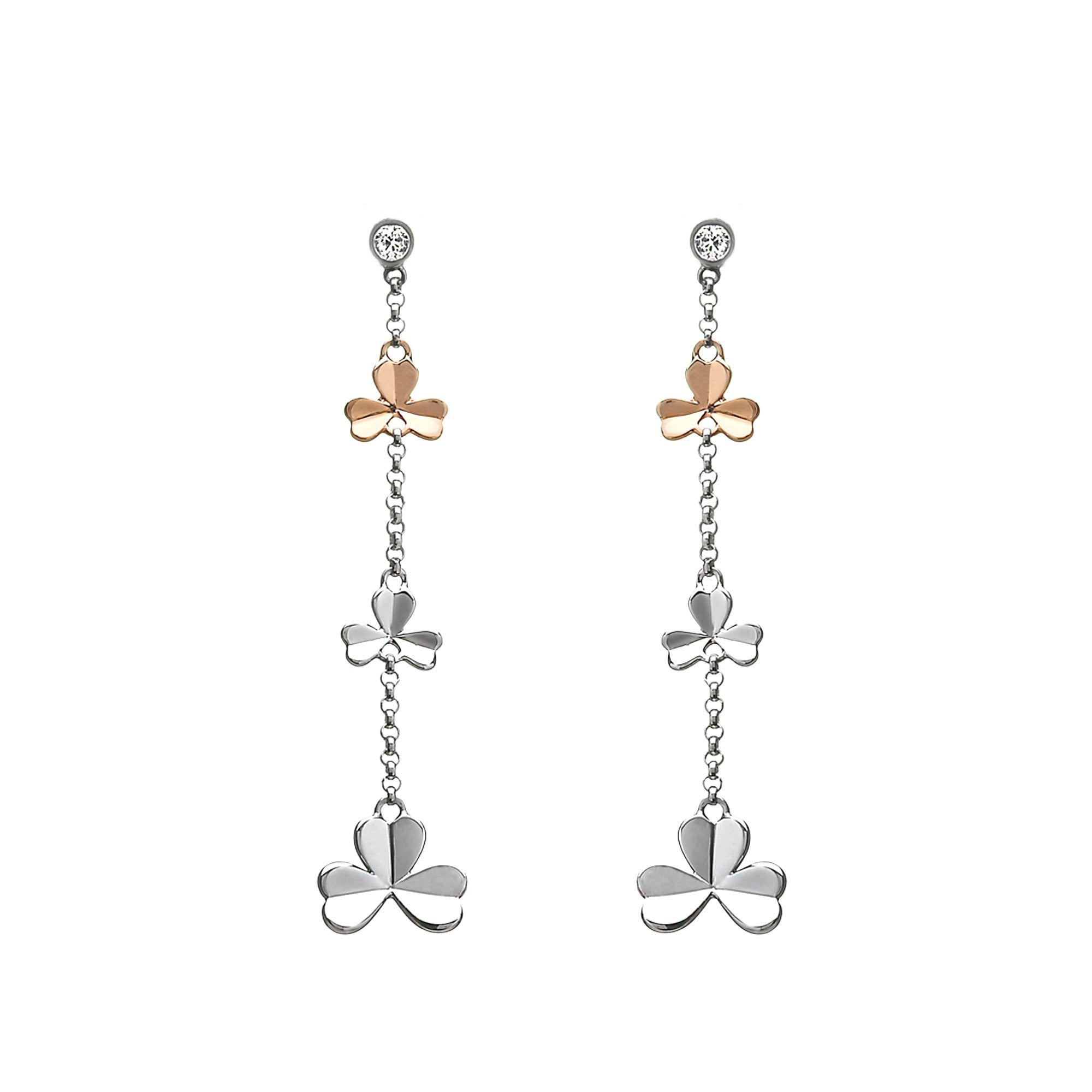 Shamrock & Cubic Zircona Irish Rose Gold Drop Earrings