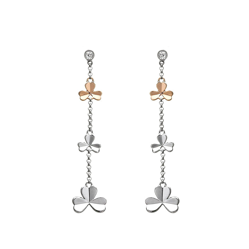Shamrock & Cubic Zircona Irish Rose Gold Drop Earrings