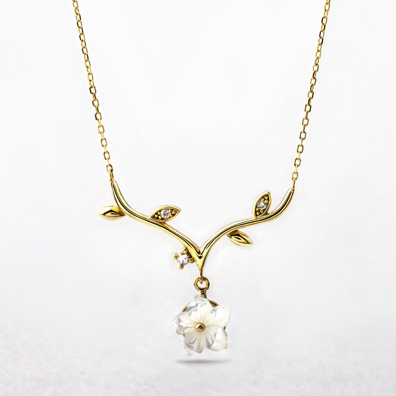 Silver White Flower Branch Pendant in Yellow Gold Plate