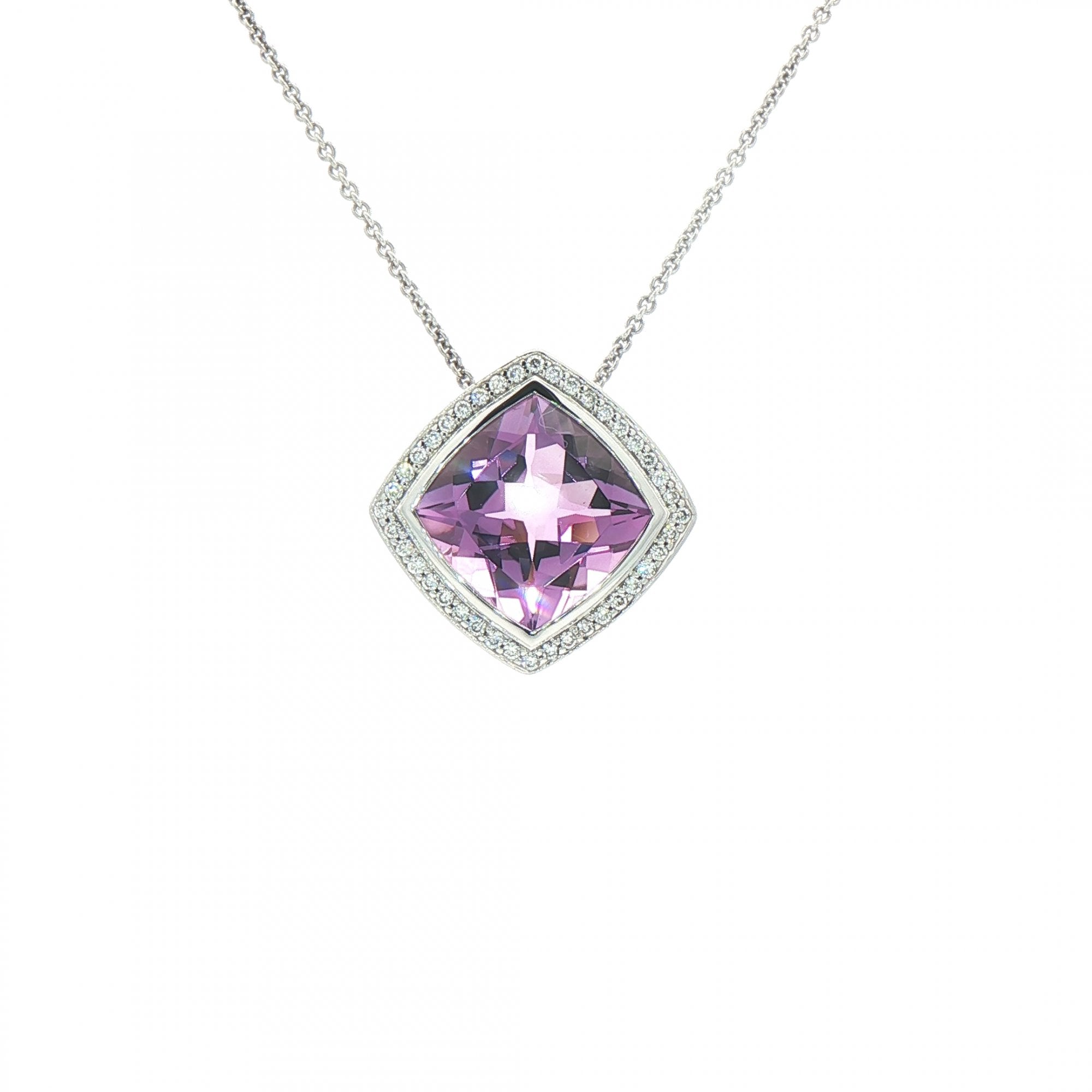 Square Amethyst & 0.20ct Natural Diamond Halo Pendant in 9ct White Gold