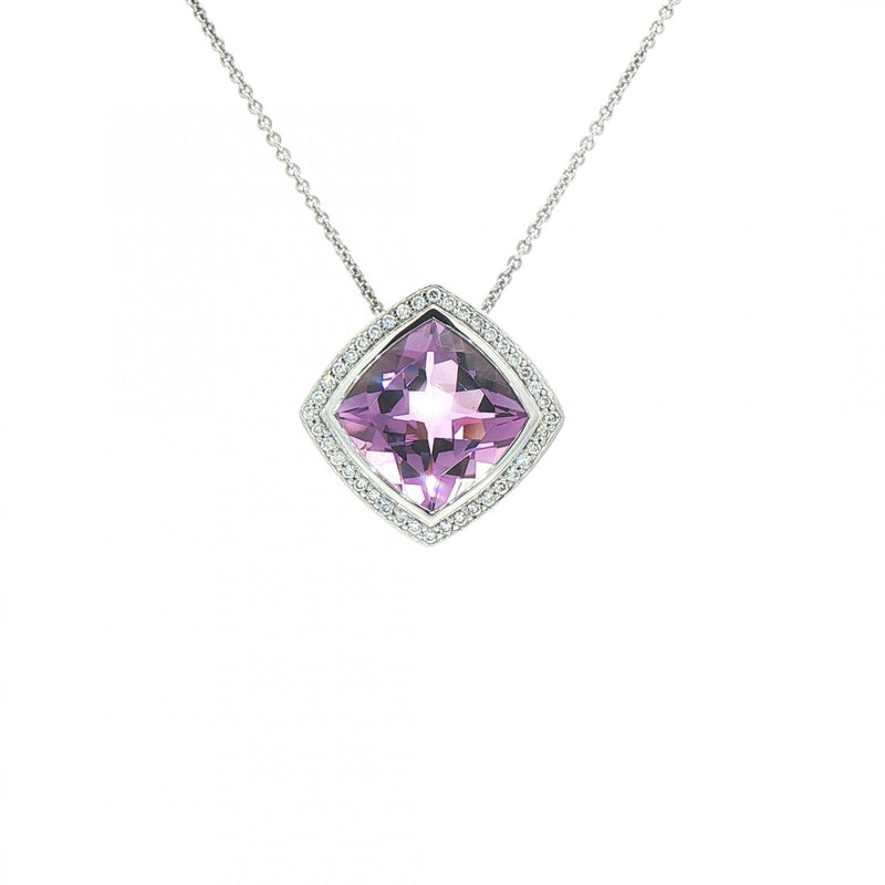 Square Amethyst & 0.20ct Natural Diamond Halo Pendant in 9ct White Gold