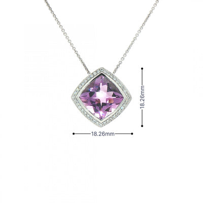 Square Amethyst & 0.20ct Natural Diamond Halo Pendant in 9ct White Gold