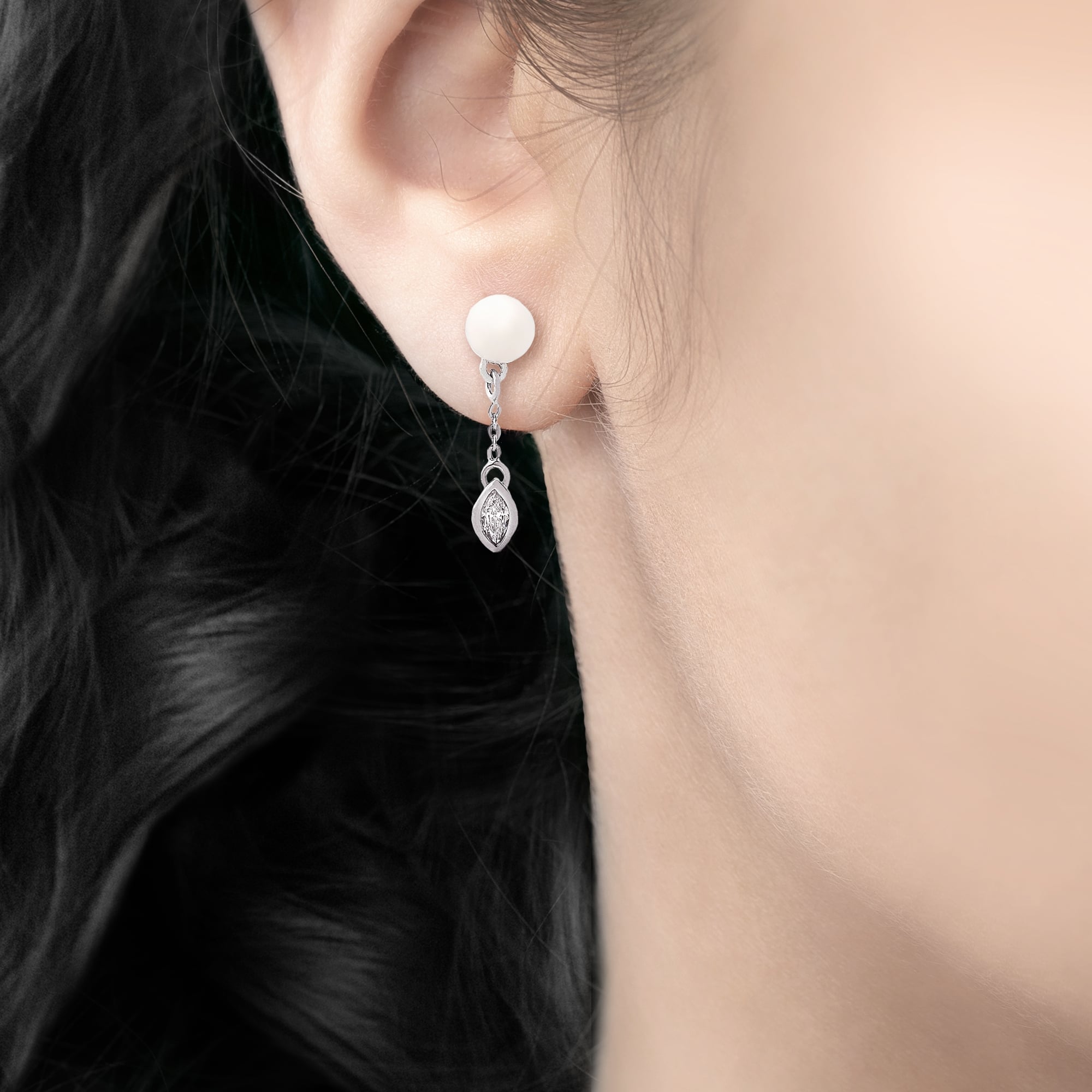 Sterling Silver Pearl Drop Earrings with Marquise Cubic Zirconia