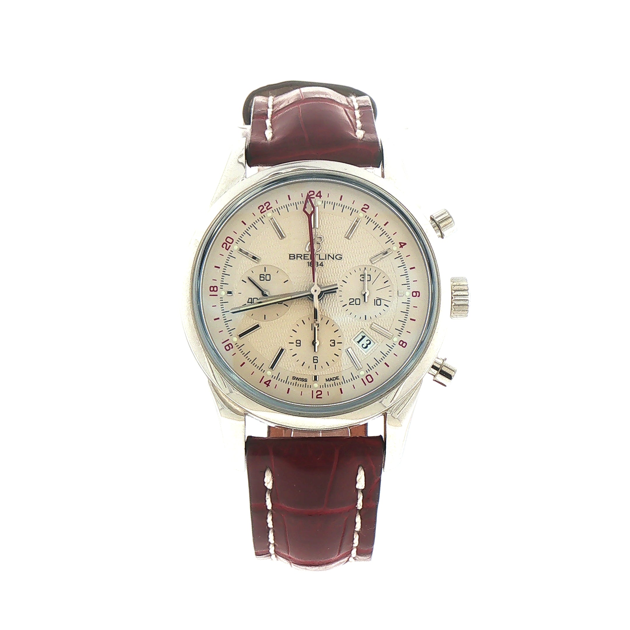 Gents Limited Edition Breitling Transocean GMT Chronograph in Stainless Steel on Burgandy Strap