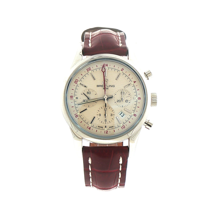 Gents Limited Edition Breitling Transocean GMT Chronograph in Stainless Steel on Burgandy Strap