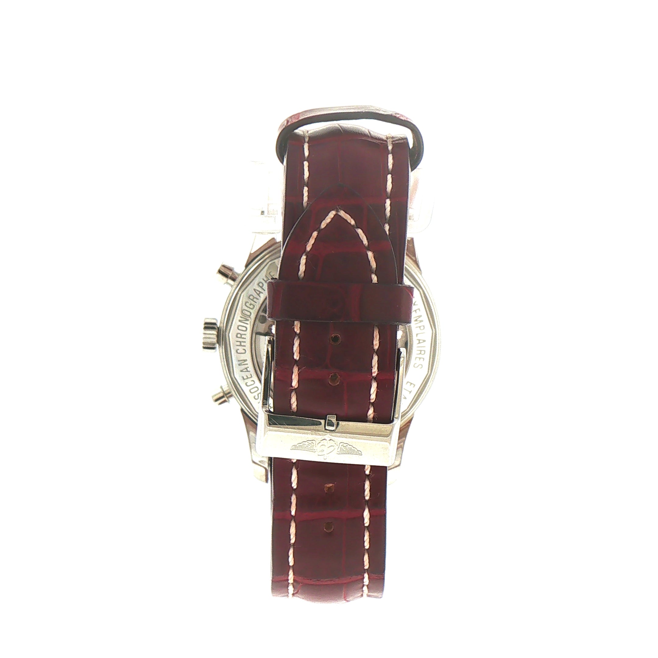 Gents Limited Edition Breitling Transocean GMT Chronograph in Stainless Steel on Burgandy Strap