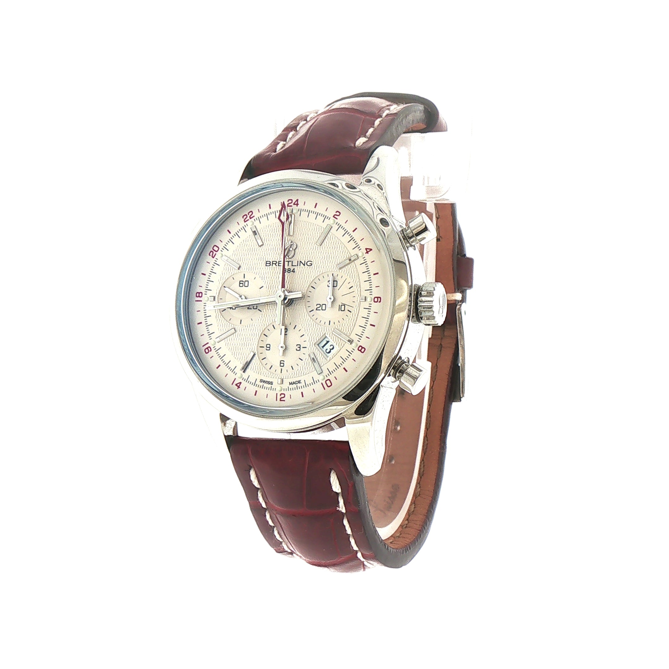 Gents Limited Edition Breitling Transocean GMT Chronograph in Stainless Steel on Burgandy Strap
