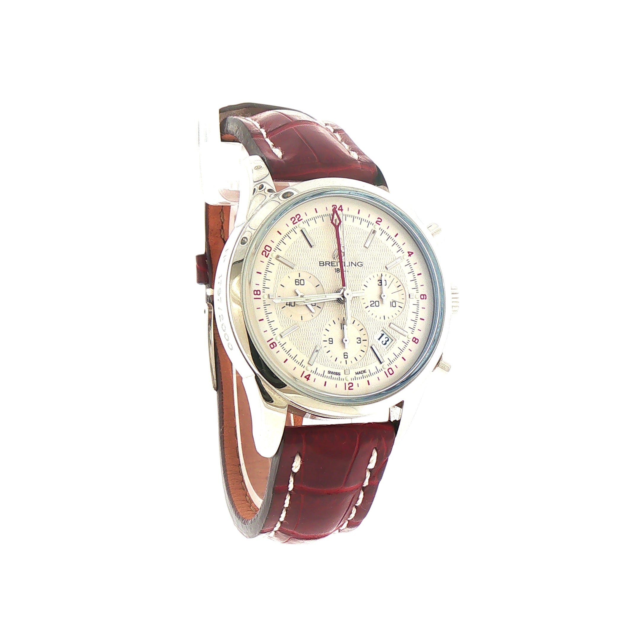 Gents Limited Edition Breitling Transocean GMT Chronograph in Stainless Steel on Burgandy Strap