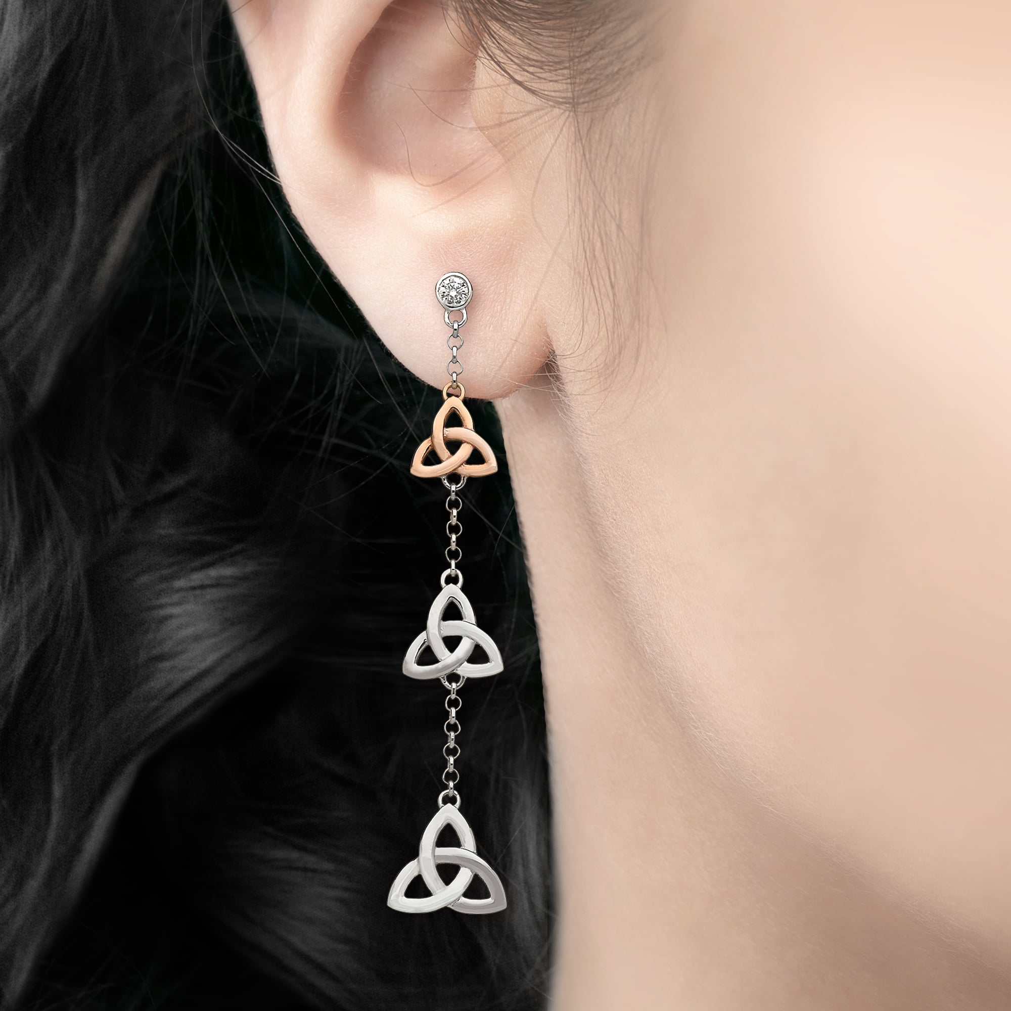 Trinity Knot & Cubic Zircona Irish Rose Gold Drop Earrings