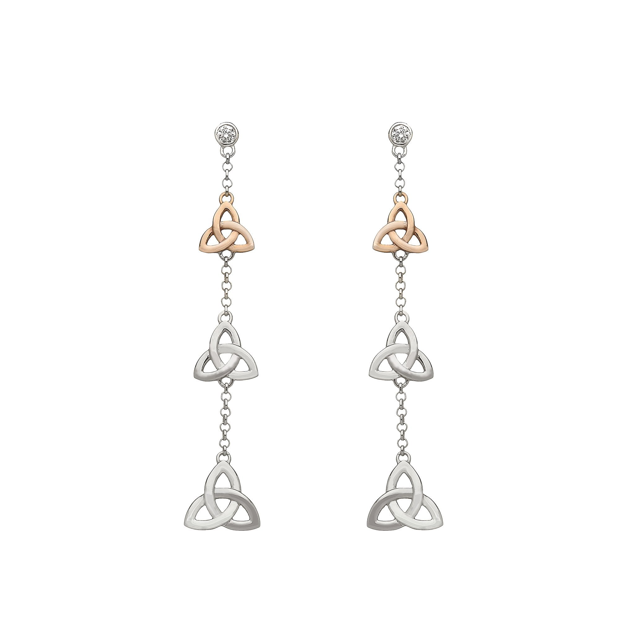 Trinity Knot & Cubic Zircona Irish Rose Gold Drop Earrings