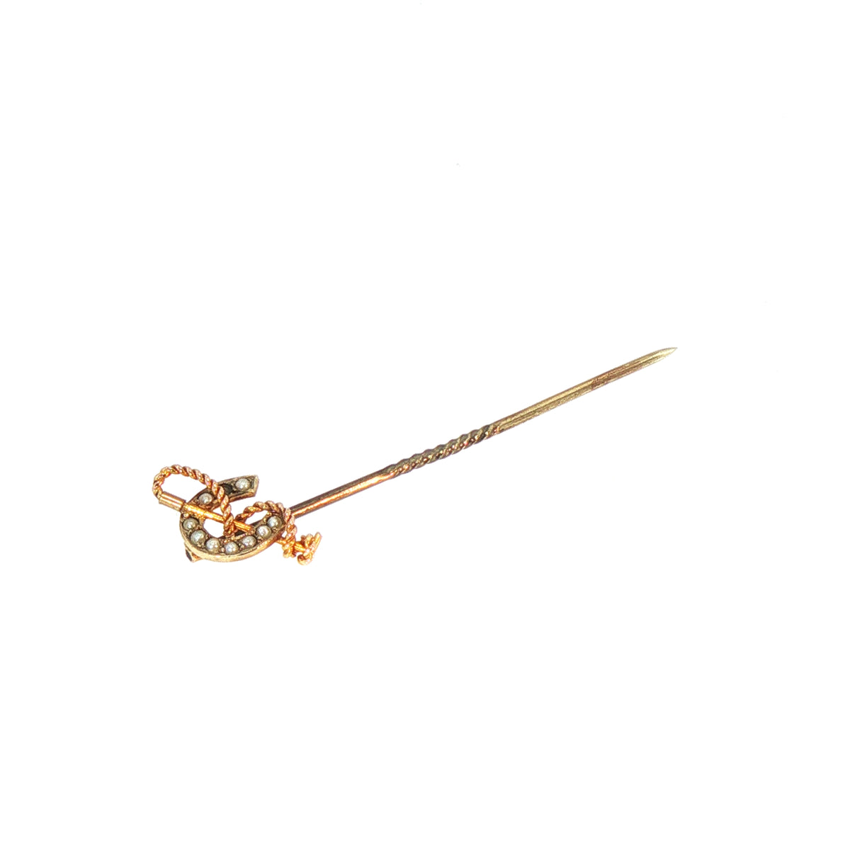 Vintage Seed Pearl Set Horse Shoe Tie Pin in 9ct Yellow Gold