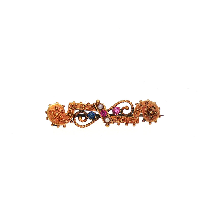 Vintage Ruby, Sapphire and Pearl Bar Brooch in 15ct Yellow Gold