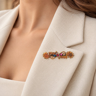 Vintage Ruby, Sapphire and Pearl Bar Brooch in 15ct Yellow Gold