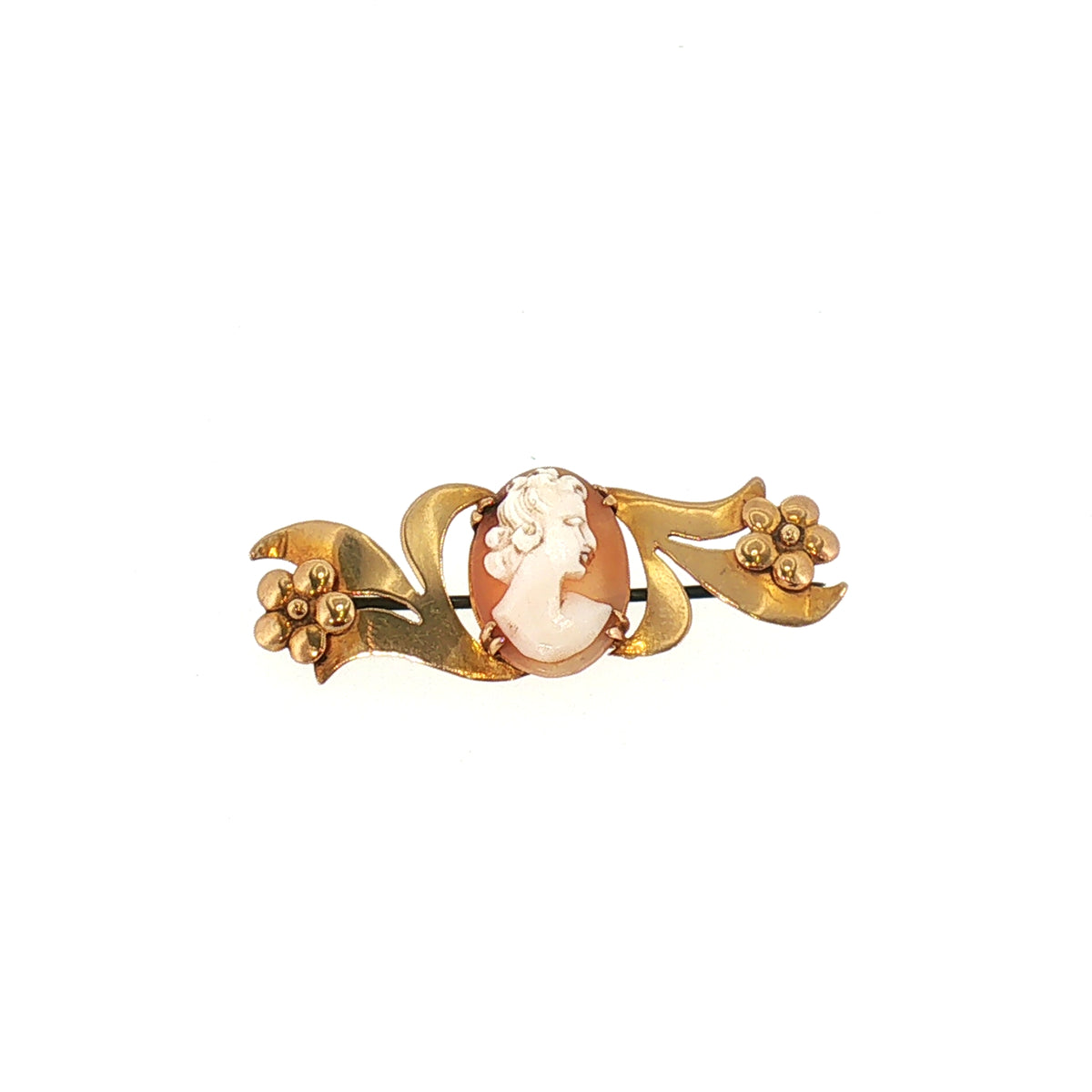Vintage 1954 Cameo Brooch With Flower details in 9ct Yellow Gold