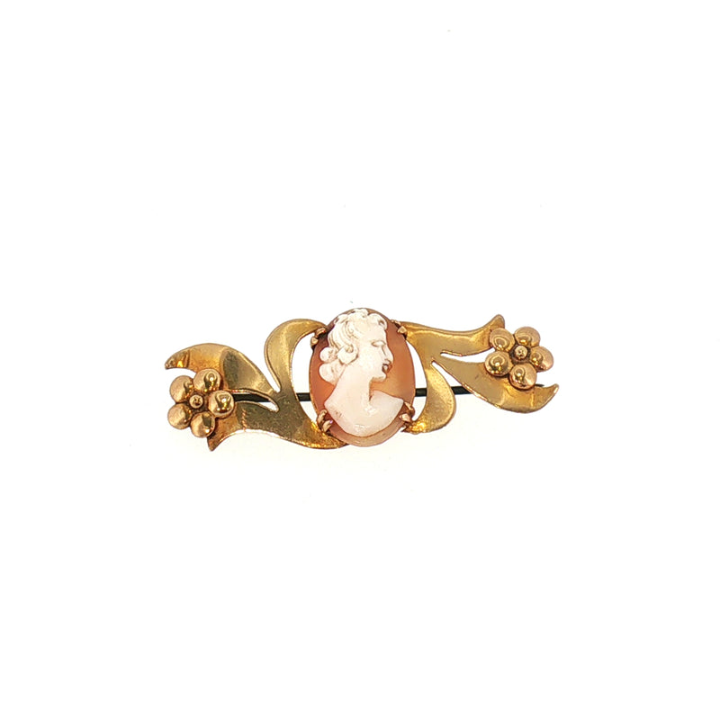 Vintage 1954 Cameo Brooch With Flower details in 9ct Yellow Gold