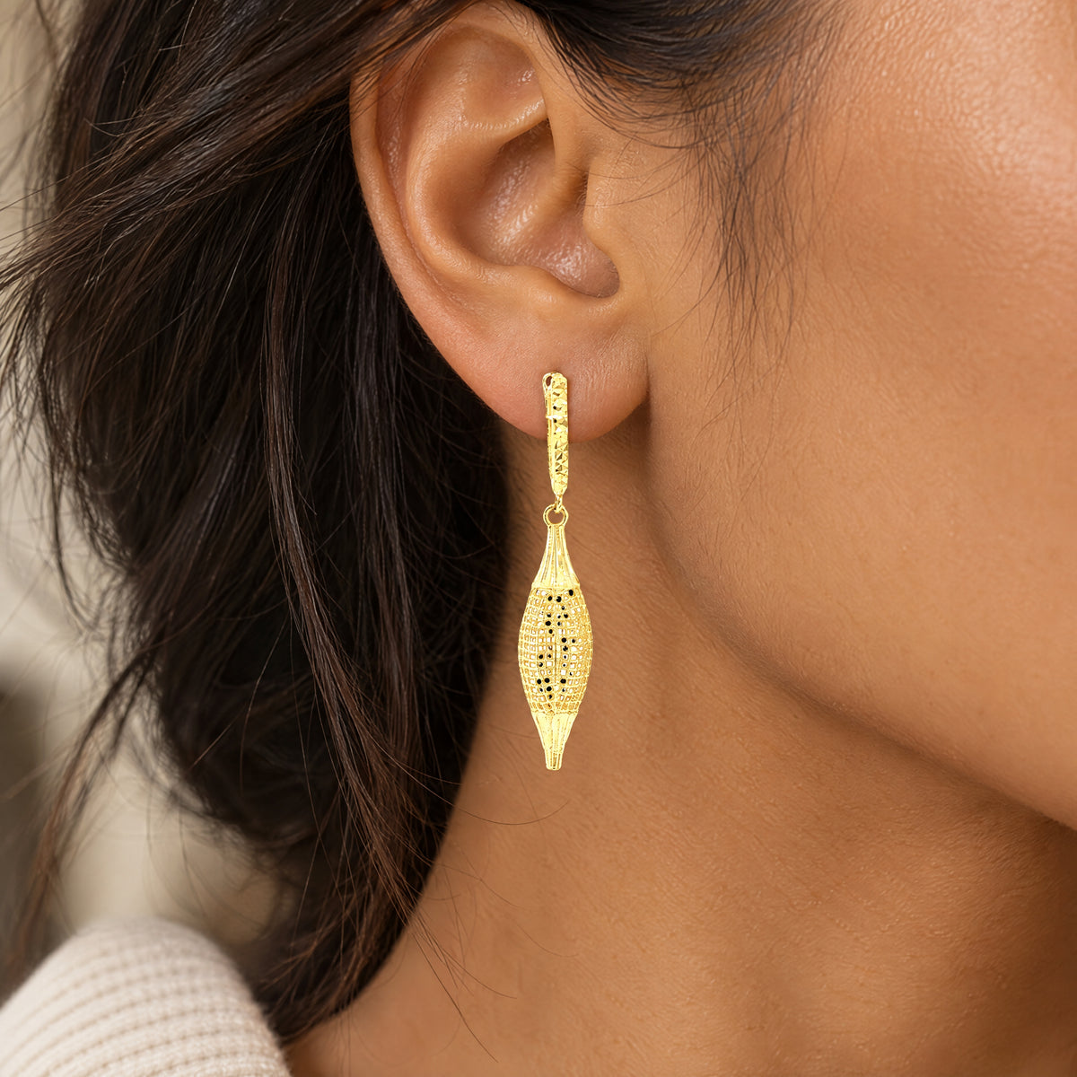 Vintage Textured Lattice Drop Earrings in 14ct Yellow Gold