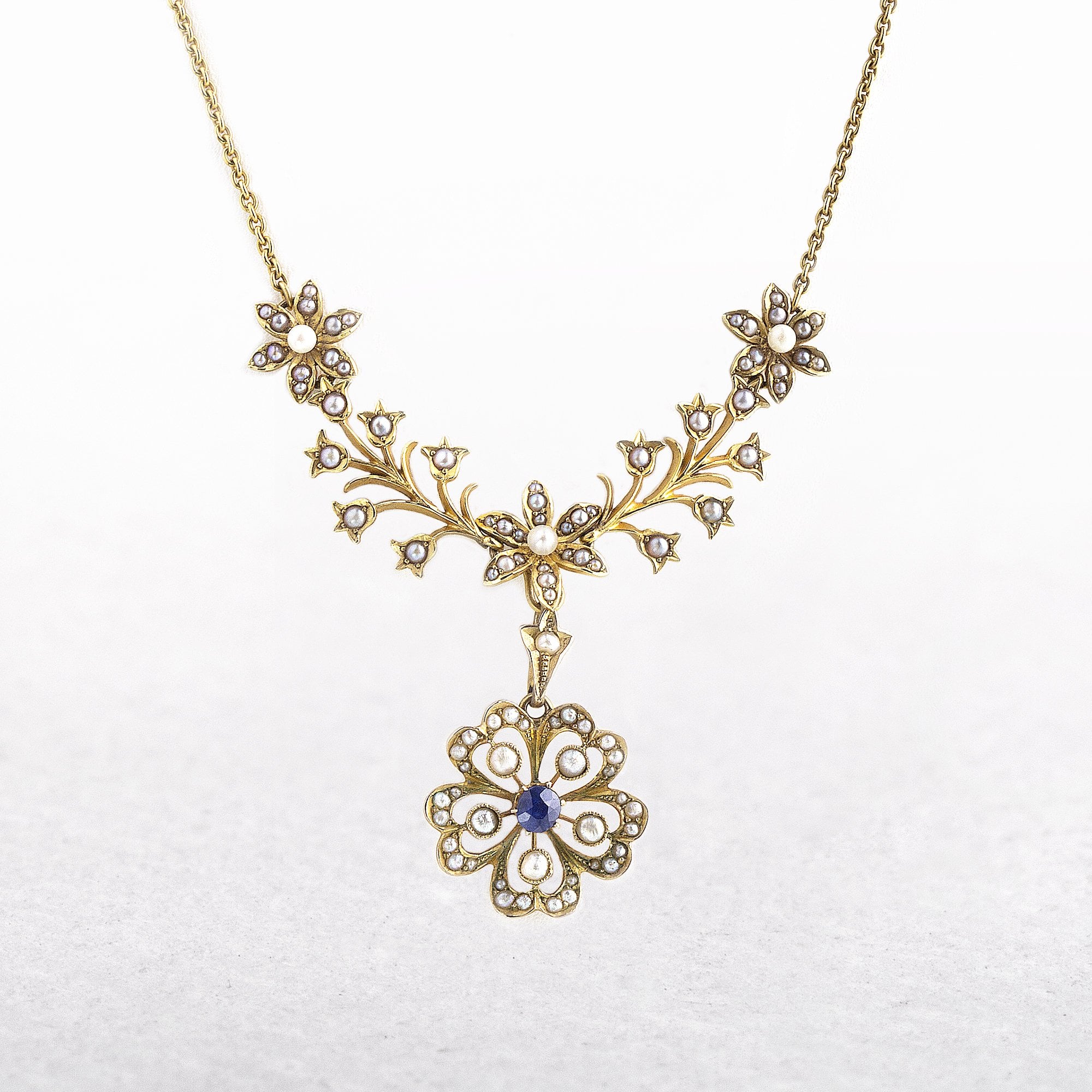 Victorian Floral Seed Pearl & Sapphire Necklet in 15ct Yellow Gold