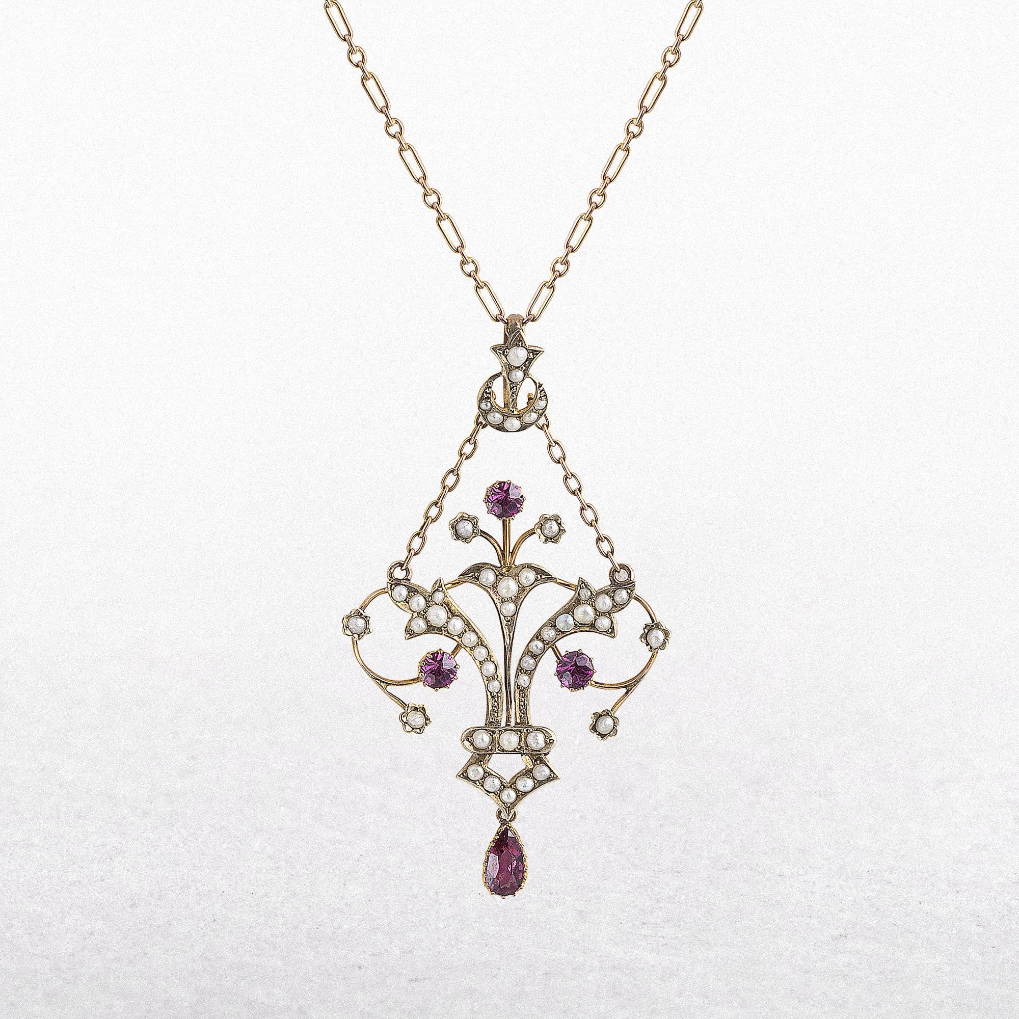 Victorian Pink Tourmaline & Seed Pearl Pendant and Chain in 9ct Yellow Gold