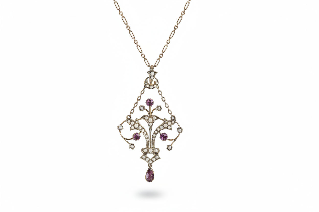 Victorian Pink Tourmaline & Seed Pearl Pendant and Chain in 9ct Yellow Gold