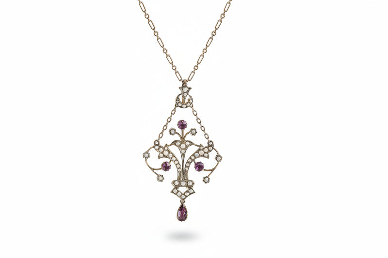 Victorian Pink Tourmaline & Seed Pearl Pendant and Chain in 9ct Yellow Gold