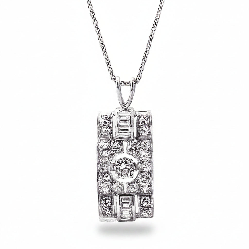 Vintage 2.55ct Natural Diamond Rectangle Shaped Pendant in 18ct White Gold