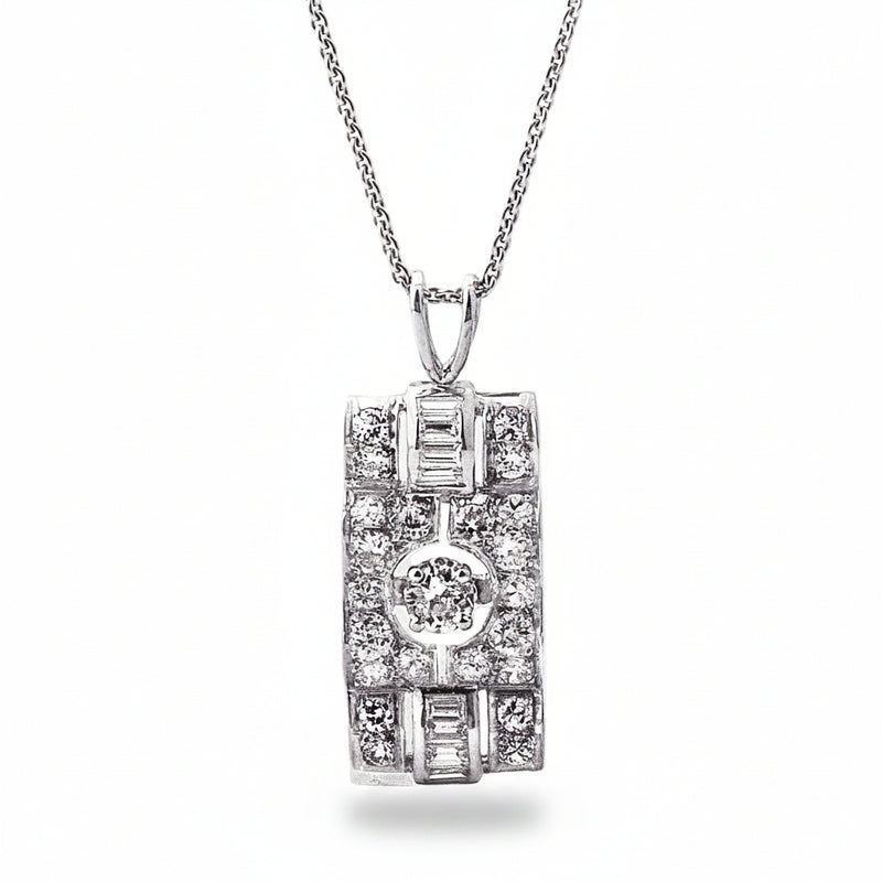 Vintage 2.55ct Natural Diamond Rectangle Shaped Pendant in 18ct White Gold