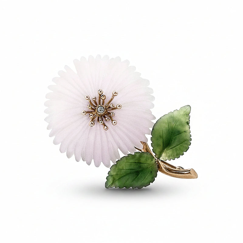 Vintage Jade & Rock Crystal & Austrian-Made Flower Brooch