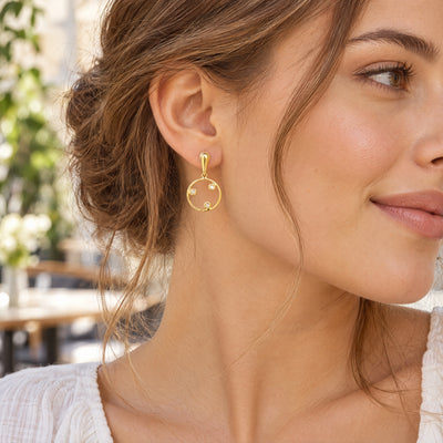 Three Stone Natural Diamond Circle Drop Earrings