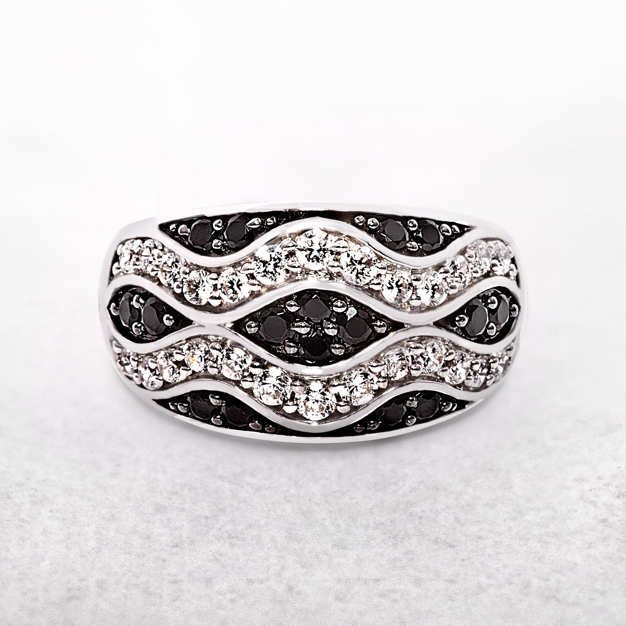 Wavy Tidal Style Silver Ring with Black & White Cubic Zirconias