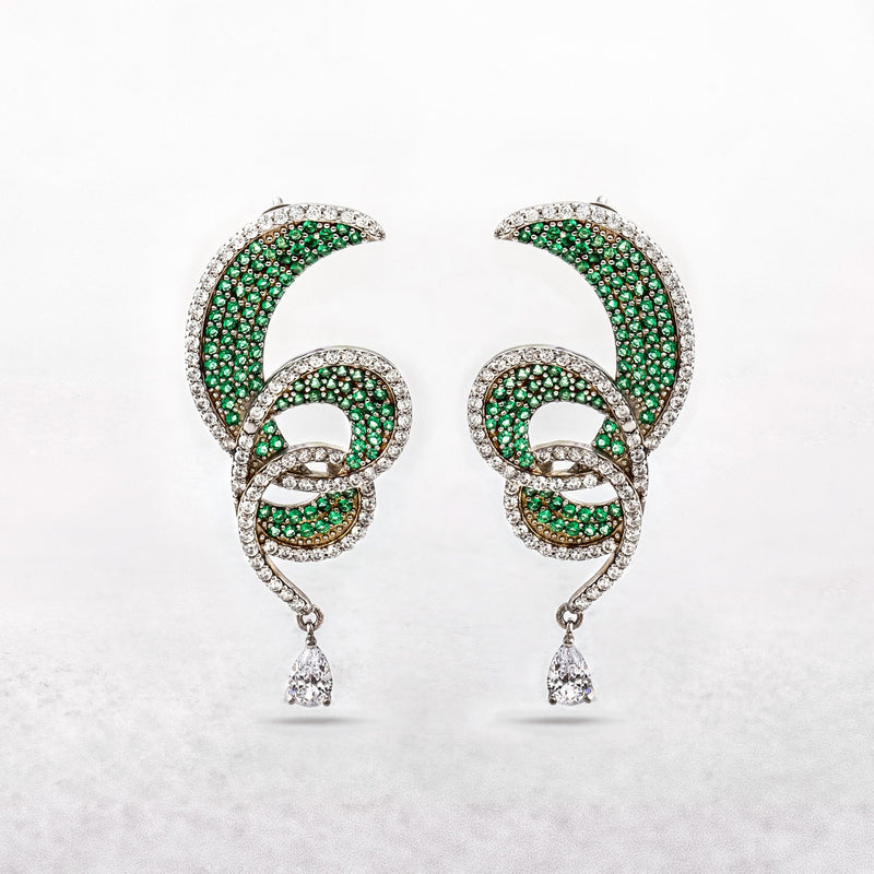 White and Green Stone Curving Silver Earrings