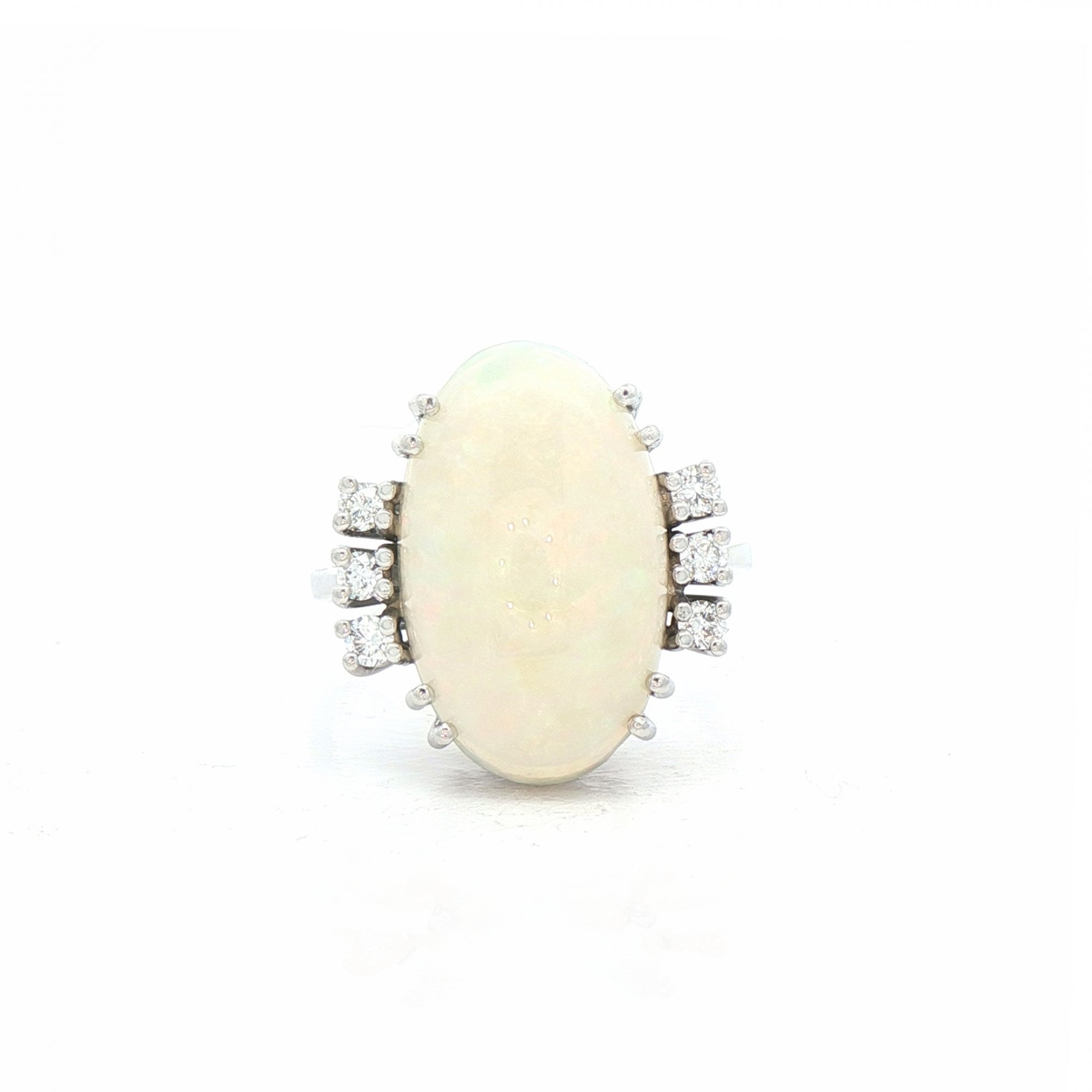 White Fire Oval Opal & 6 Natural Diamond Dress Ring in 18ct White Gold