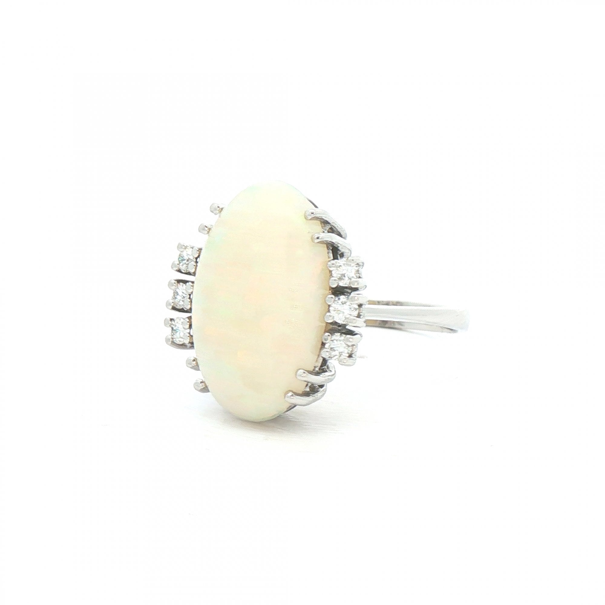 White Fire Oval Opal & 6 Natural Diamond Dress Ring in 18ct White Gold
