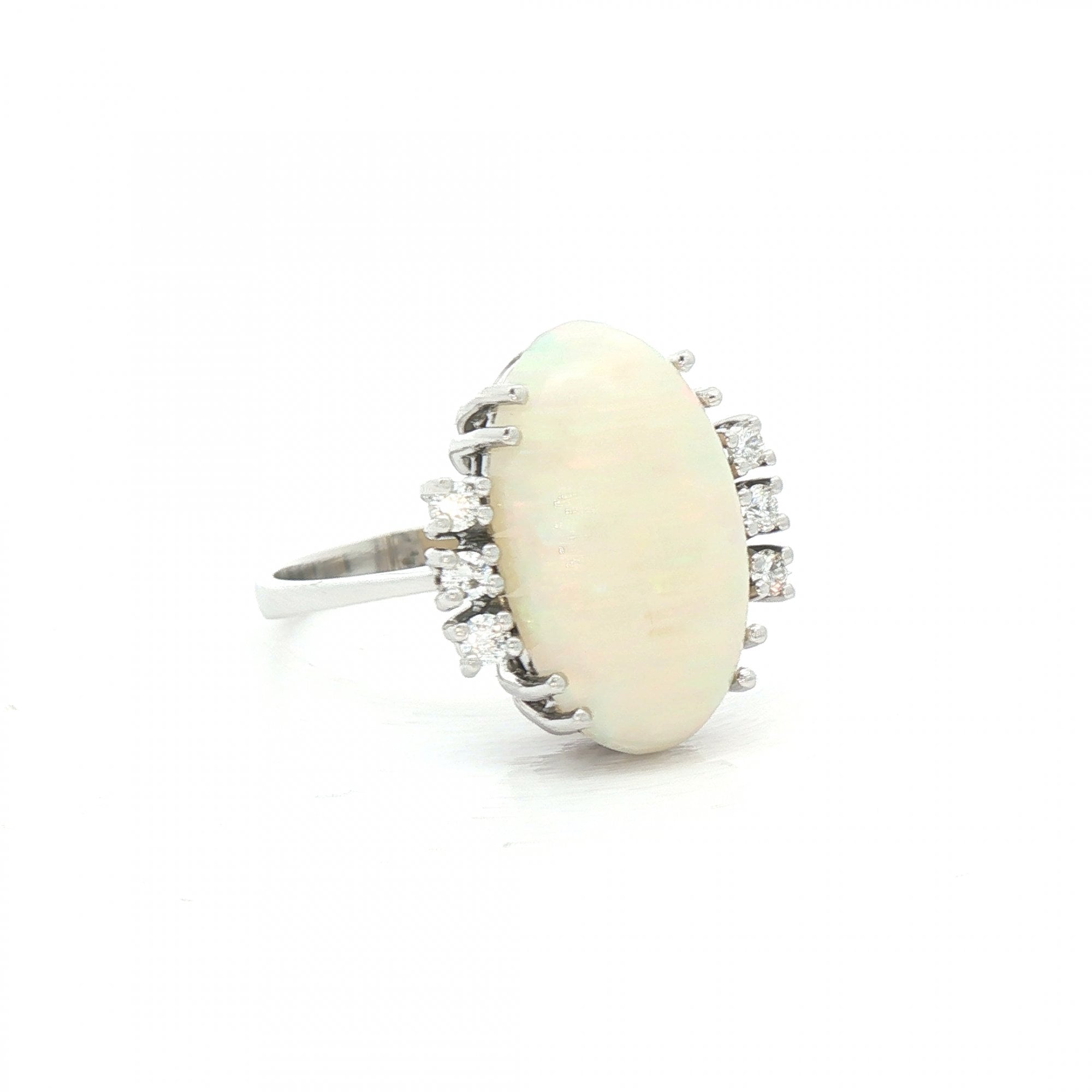 White Fire Oval Opal & 6 Natural Diamond Dress Ring in 18ct White Gold