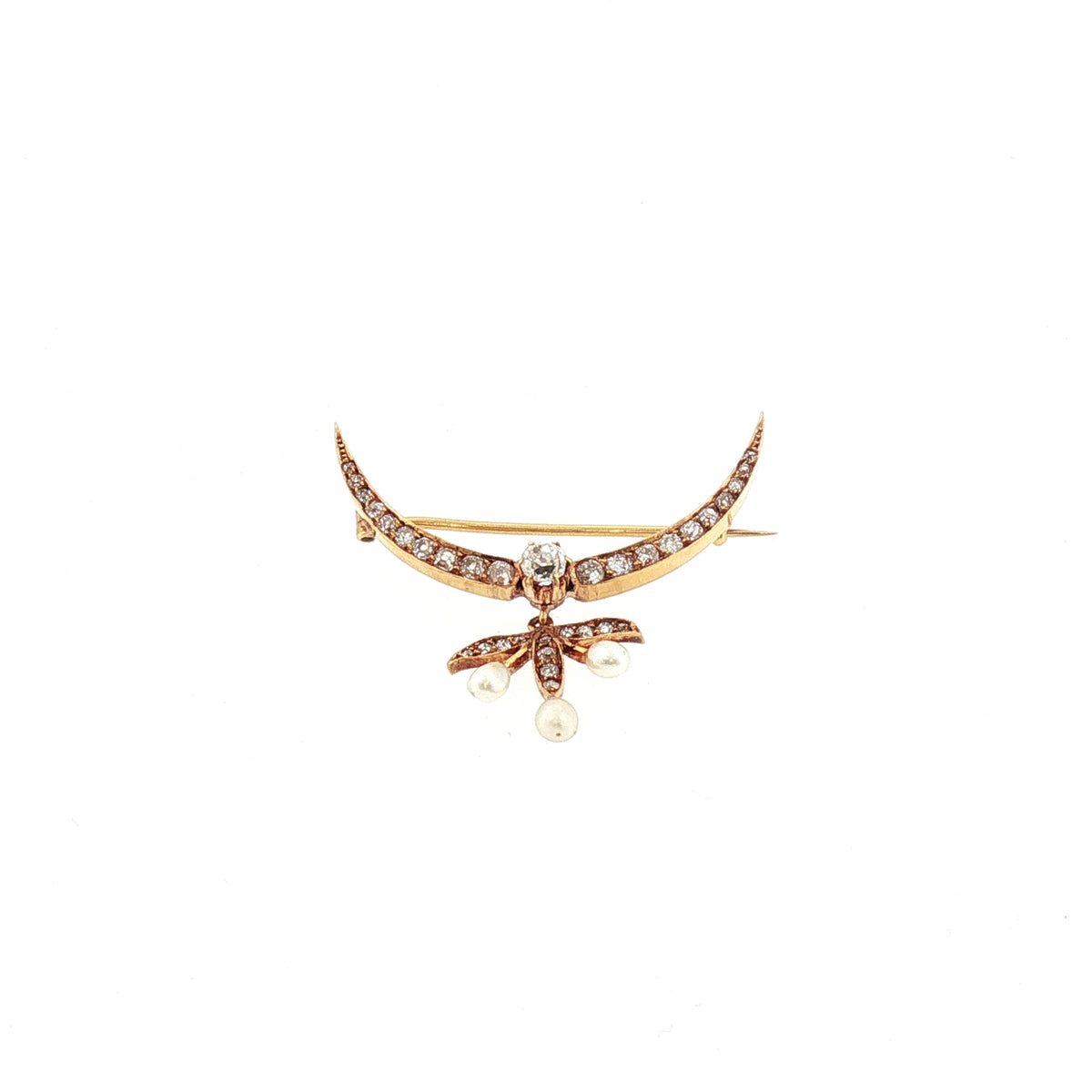 Antique Natural Diamond Pearl Crescent-Shaped Brooch with Seed Pearl Drop in 18ct Yellow Gold