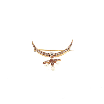 Antique Natural Diamond Pearl Crescent-Shaped Brooch with Seed Pearl Drop in 18ct Yellow Gold